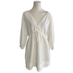 ZARA Off White Linen V-Neck Mini Dress Beach Boho Vacation Size S‎ Pool Party